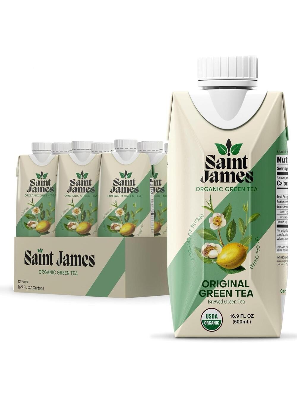 Saint James Organic Green Tea 12 Pack 16.9oz Zero Sugar Non GMO Bottled Tea